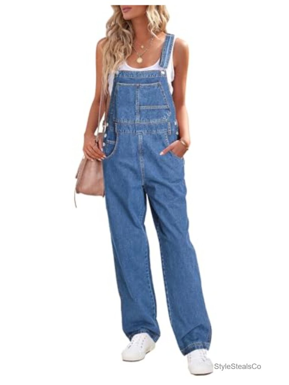 Womens Loose Fit Denim Overalls Straps Buckles 6 Pockets Wide Leg Jumpsuit